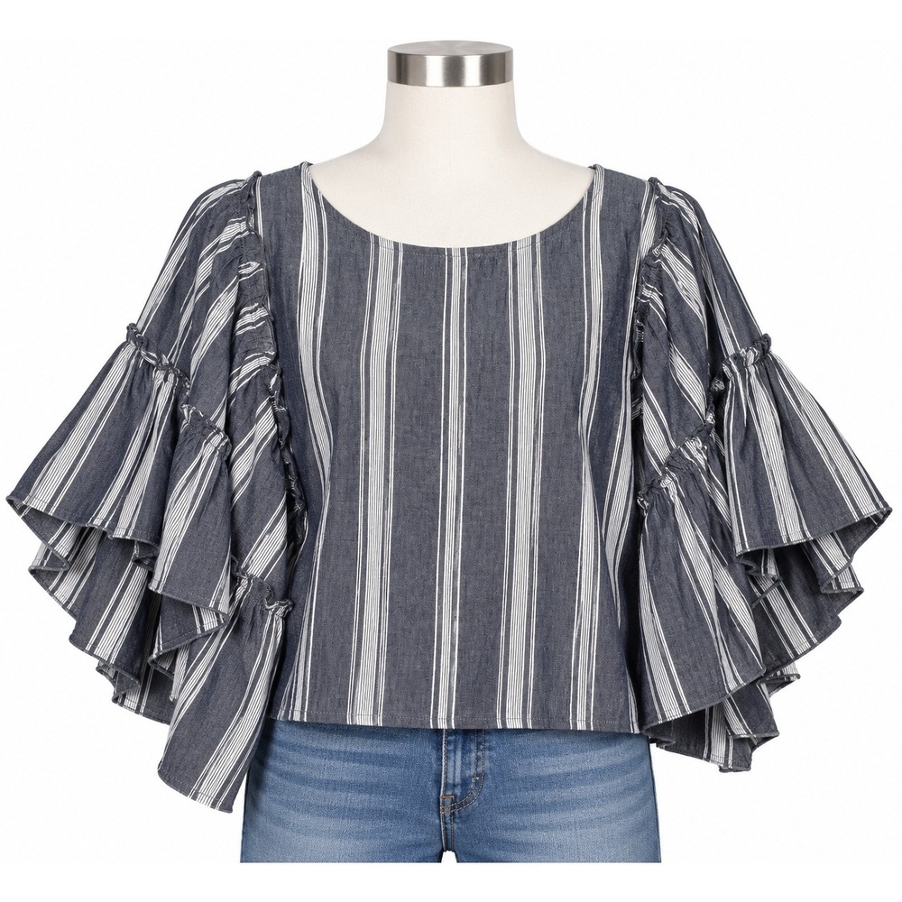 Hollister Womens Navy Blue Striped Ruffle Bell Sleeve Crop Top Size M Cotton